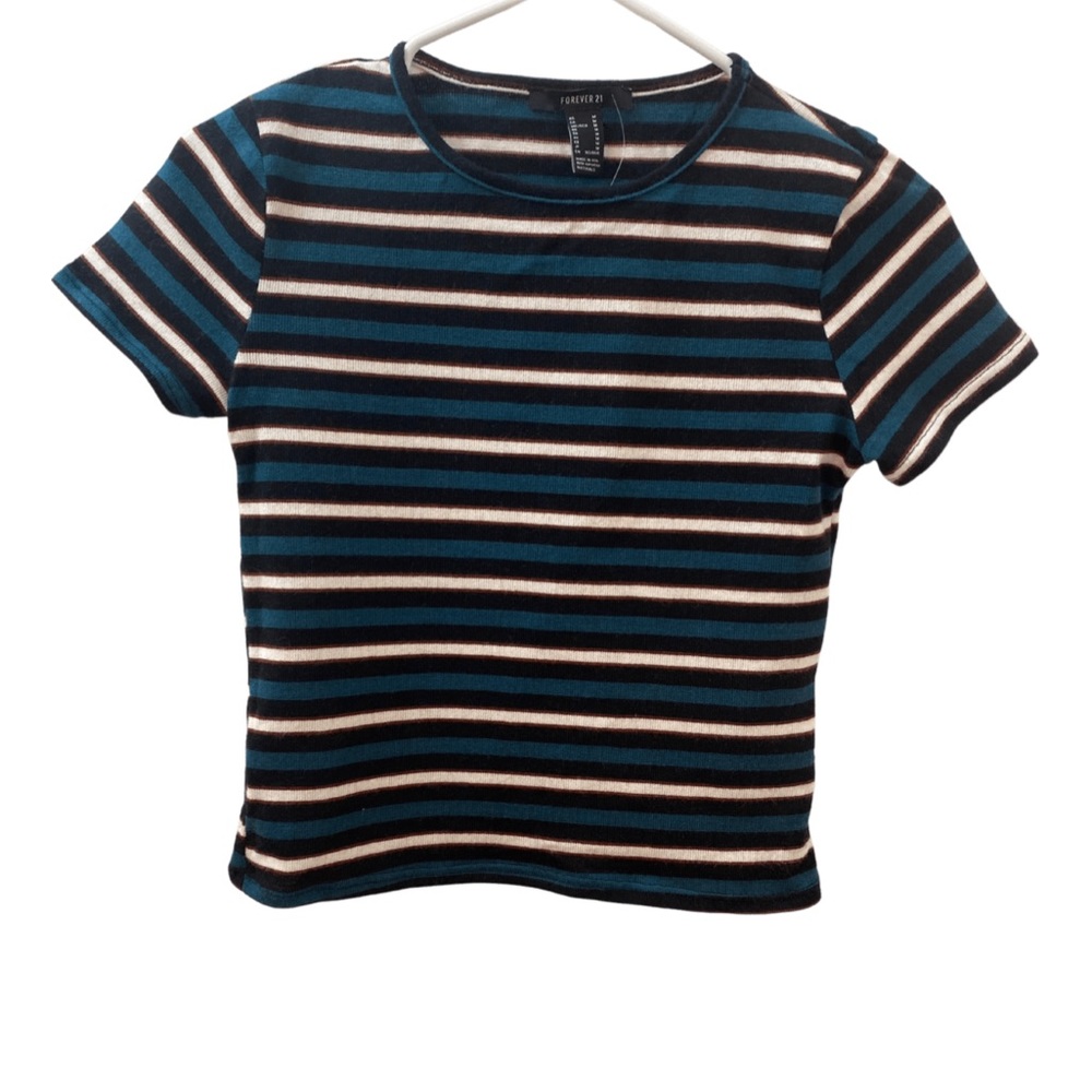 NWT Forever 21 Women's Short Sleeve Black Cream and Teal Striped Knit Top Size M